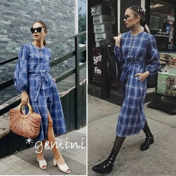 Zara Plaid Midi Dress Belted‎ Balloon Sleeve Blue Size Small blogger favorite - Picture 1 of 8